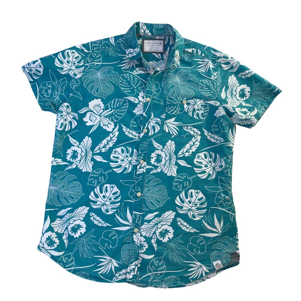 Free Planet Tropical Hawaiian Shirt Teal Green White Floral Palm sz M Beach